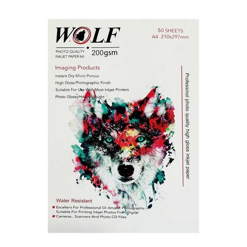 کاغذ فتو گلاسه 200 گرم ولف سایز A4 بسته 10 عددی