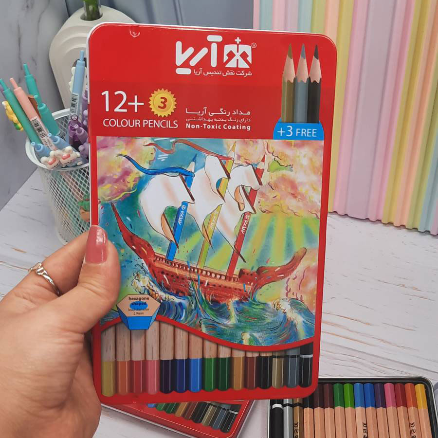 مداد رنگی 12 رنگ تخت فلزی آریا